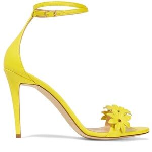 J.CREW LEATHER FLOWER HIGH-HEEL ANKLE STRAP SANDALS, LEMON SORBET, SIZE 8